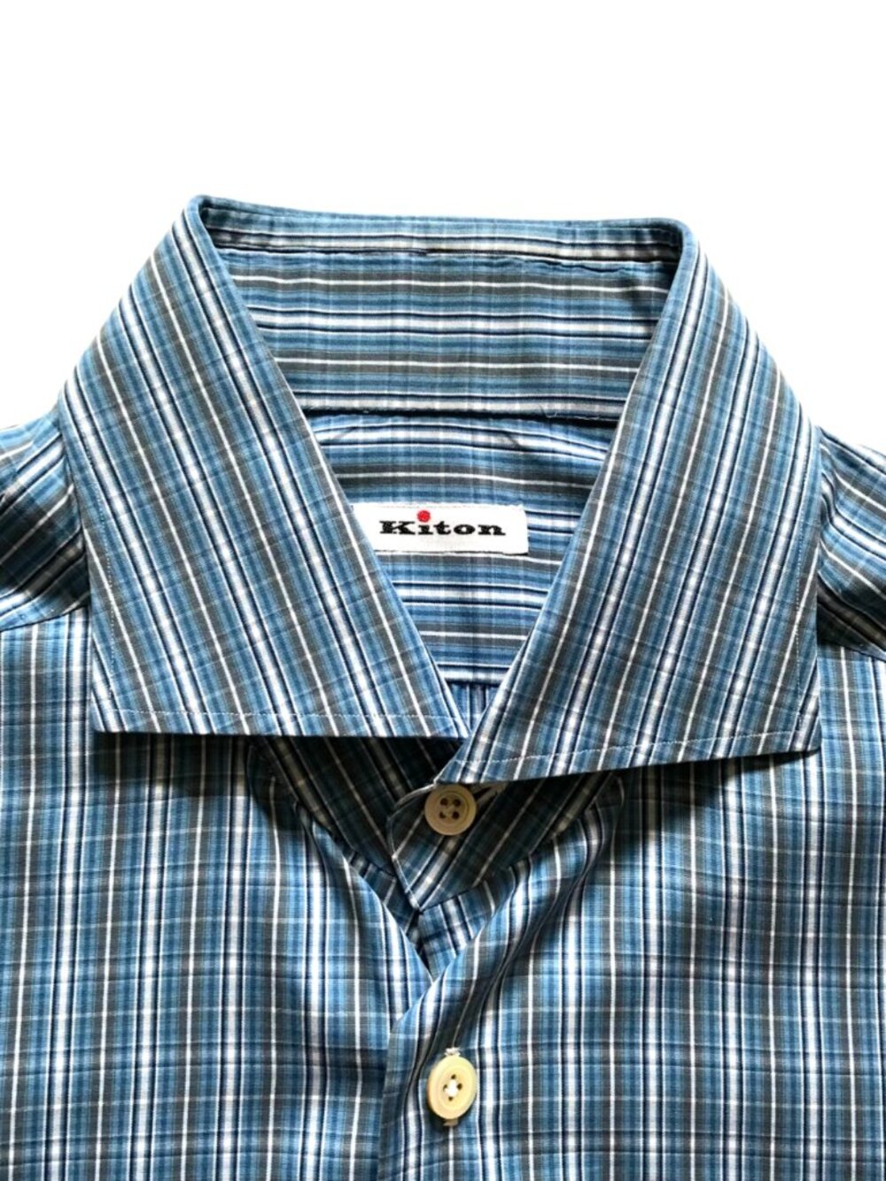 KITON Napoli Button Down Sport Shirt Mens 40 16 Blue Gray White Plaid Cotton